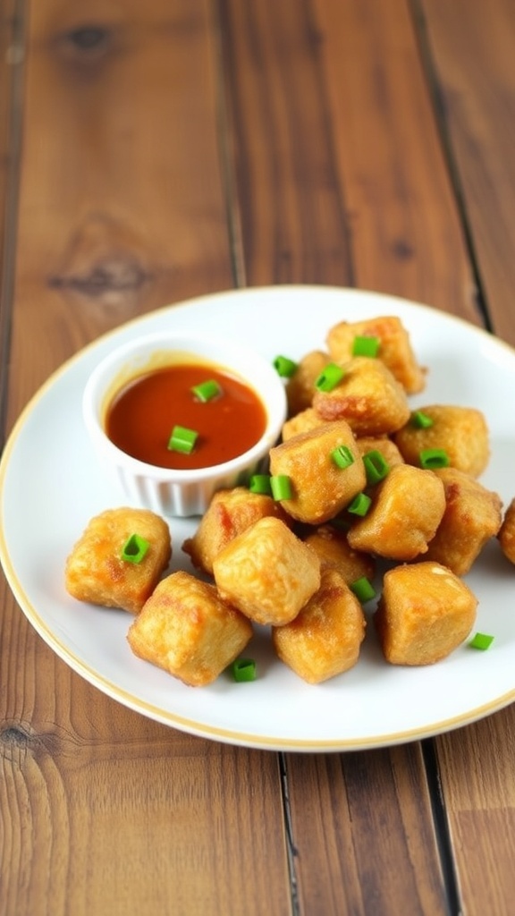Air Fryer Jerk Pork Bites Recipe Crispy air fryer jerk pork bites garnished with green onions and served with dipping sauce.